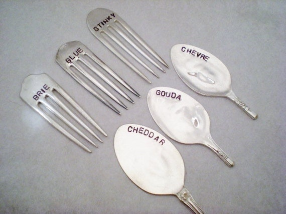 CHEESE MARKERS - 6 PC Vintage Spoon and Fork Stamped Silverplate Silverware - Great Gift