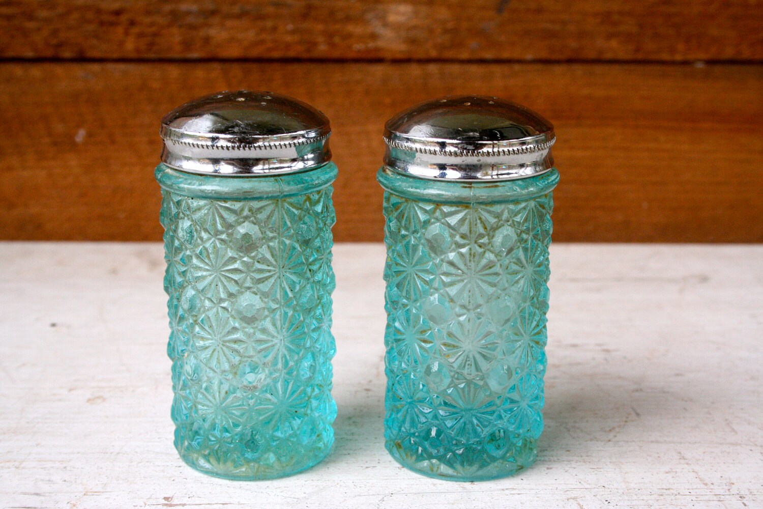 Two Antique Blue Glass Salt and Pepper Shakers So Shabby
