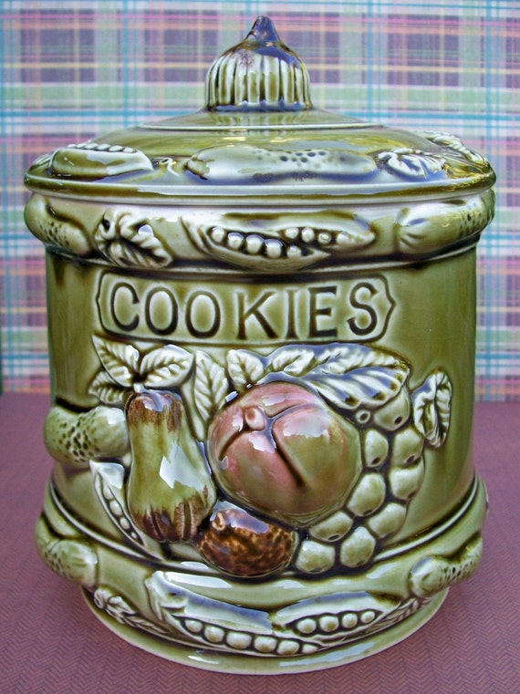 Vintage 1970s Olive Green Retro Cookie Jar