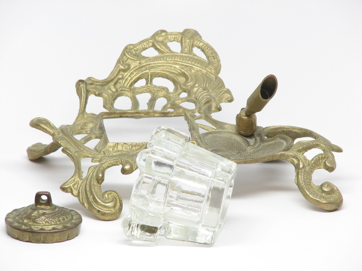 Antique Brass & Glass Inkwell with Pen Holder
