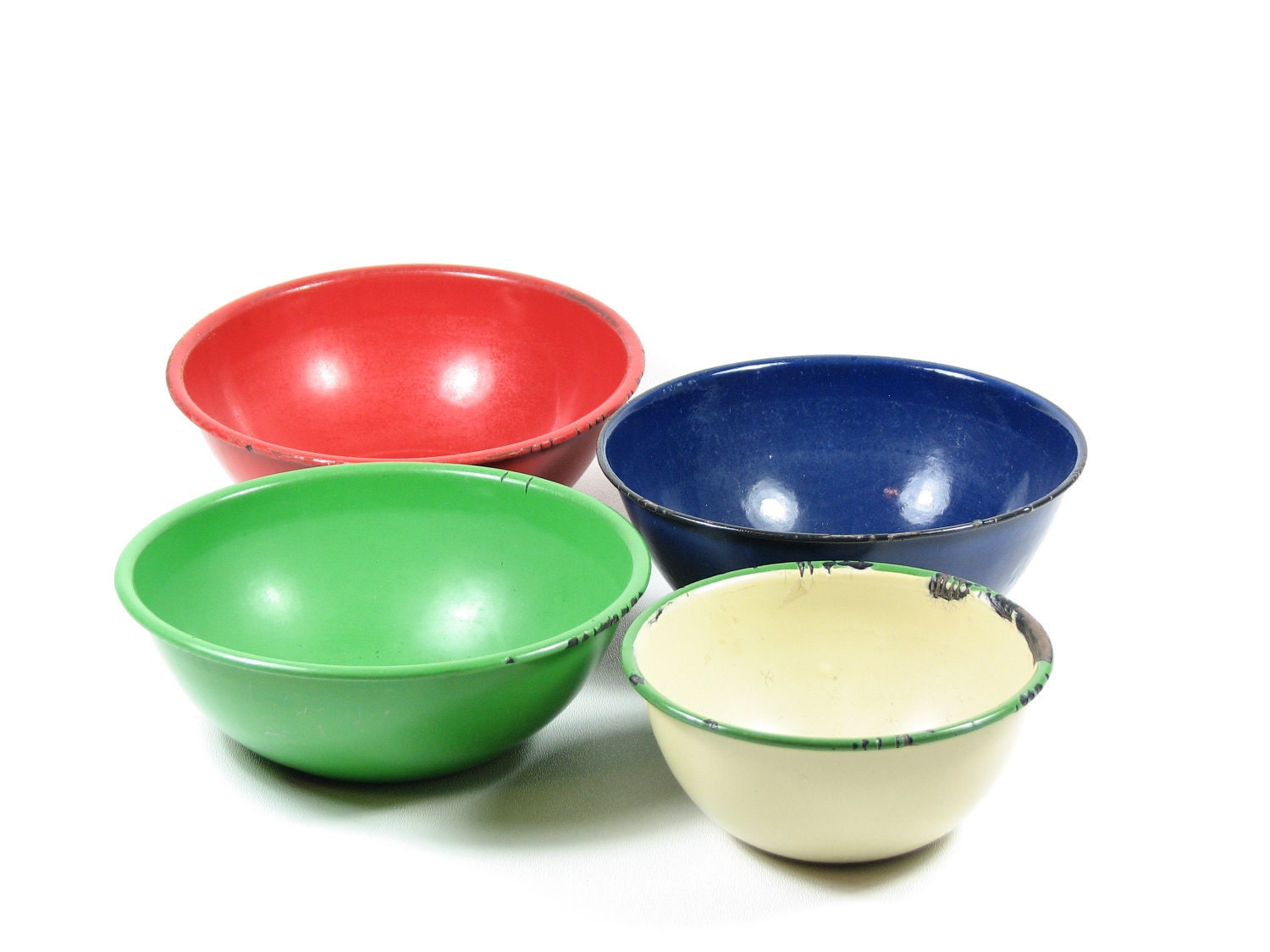 Vintage Enamelware Bowl Set Red Blue Green by BridgewoodPlace
