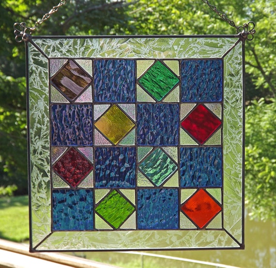 Stained Glass Quilt Block Panel-Scrap Square-Royal Blue