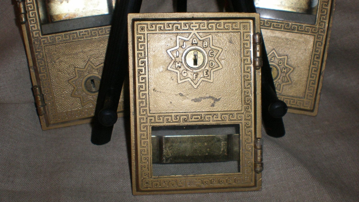 Antique Brass Industrial Art Post Office Box Doors w/ Glass