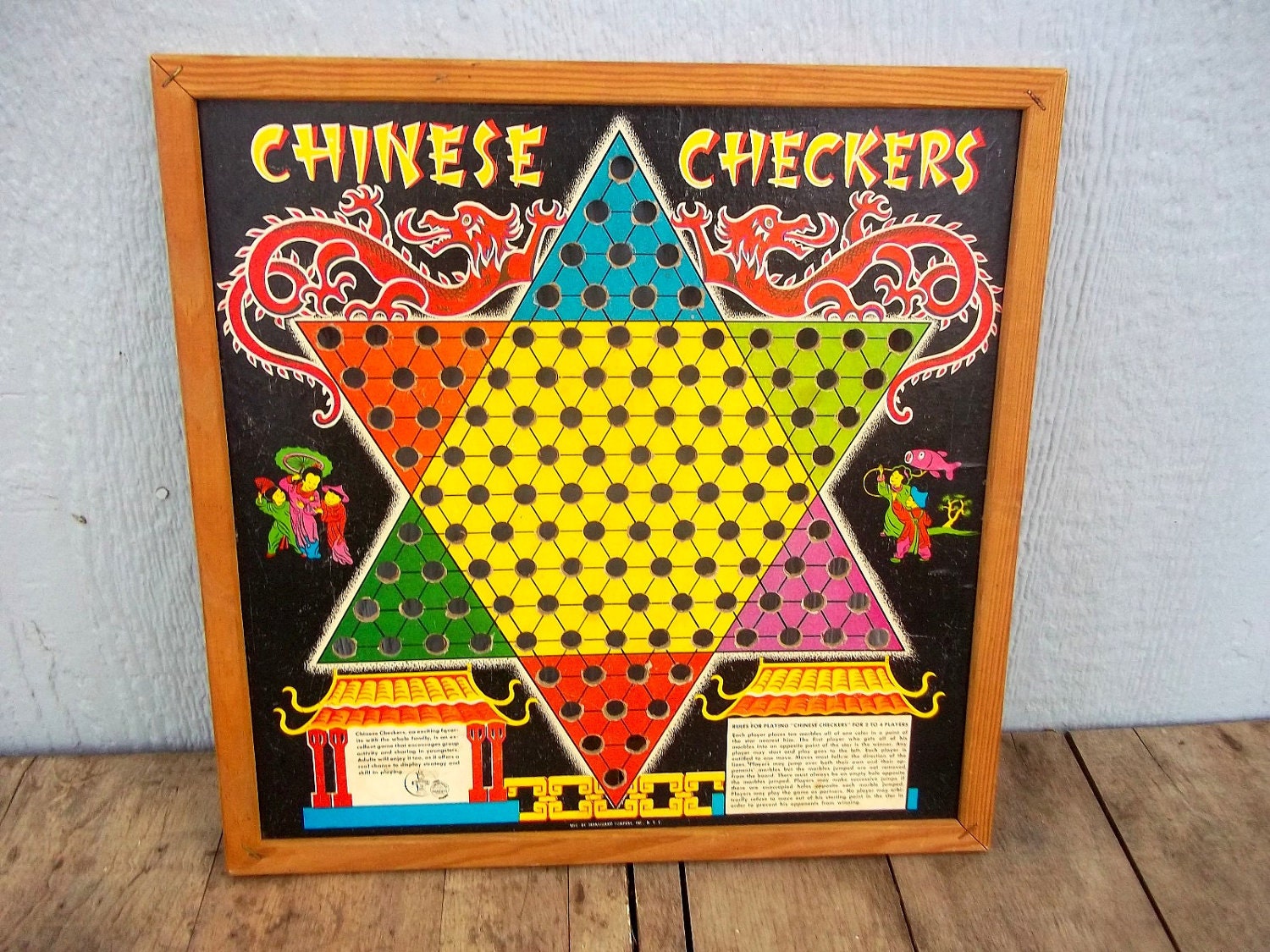 Vintage Chinese Checkers Game Board In Wooden Frame