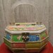 1970s Wood Box purse with Acrylic handle, fabric covered.