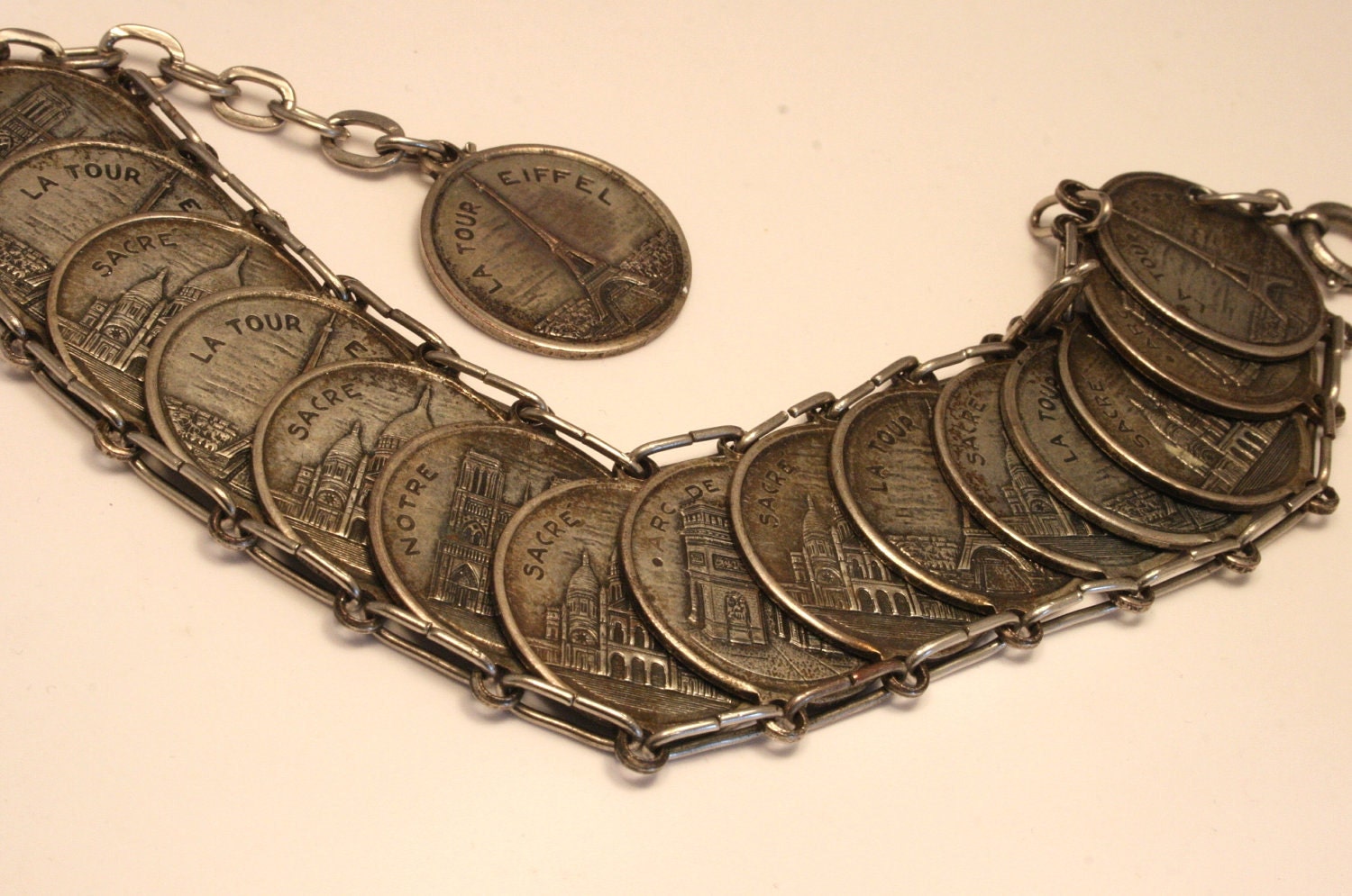 Vintage Paris souvenir coin bracelet. Eiffel Tower. Sacre