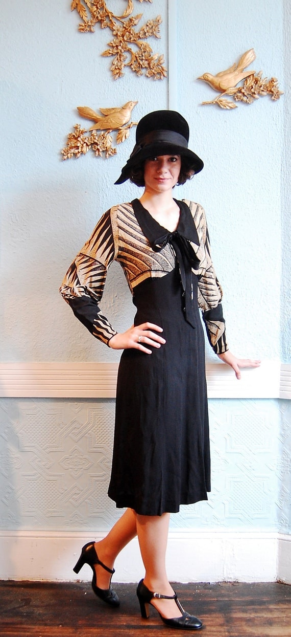 Vintage 1930s Dress 30s Dress Black & Tan Art Deco