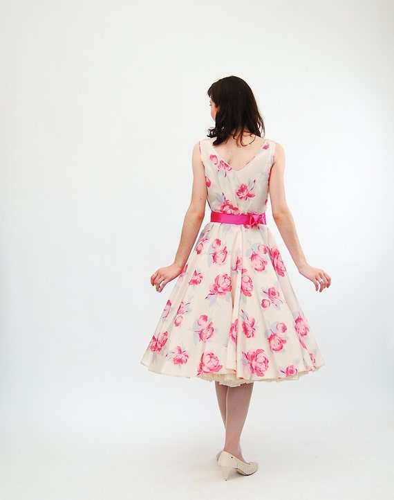 Vintage 1950s Party Dress 50s Summer Dress Hot Pink Floral