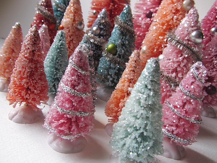 Pretty Pastel Decorated Bottle Brush Christmas Trees