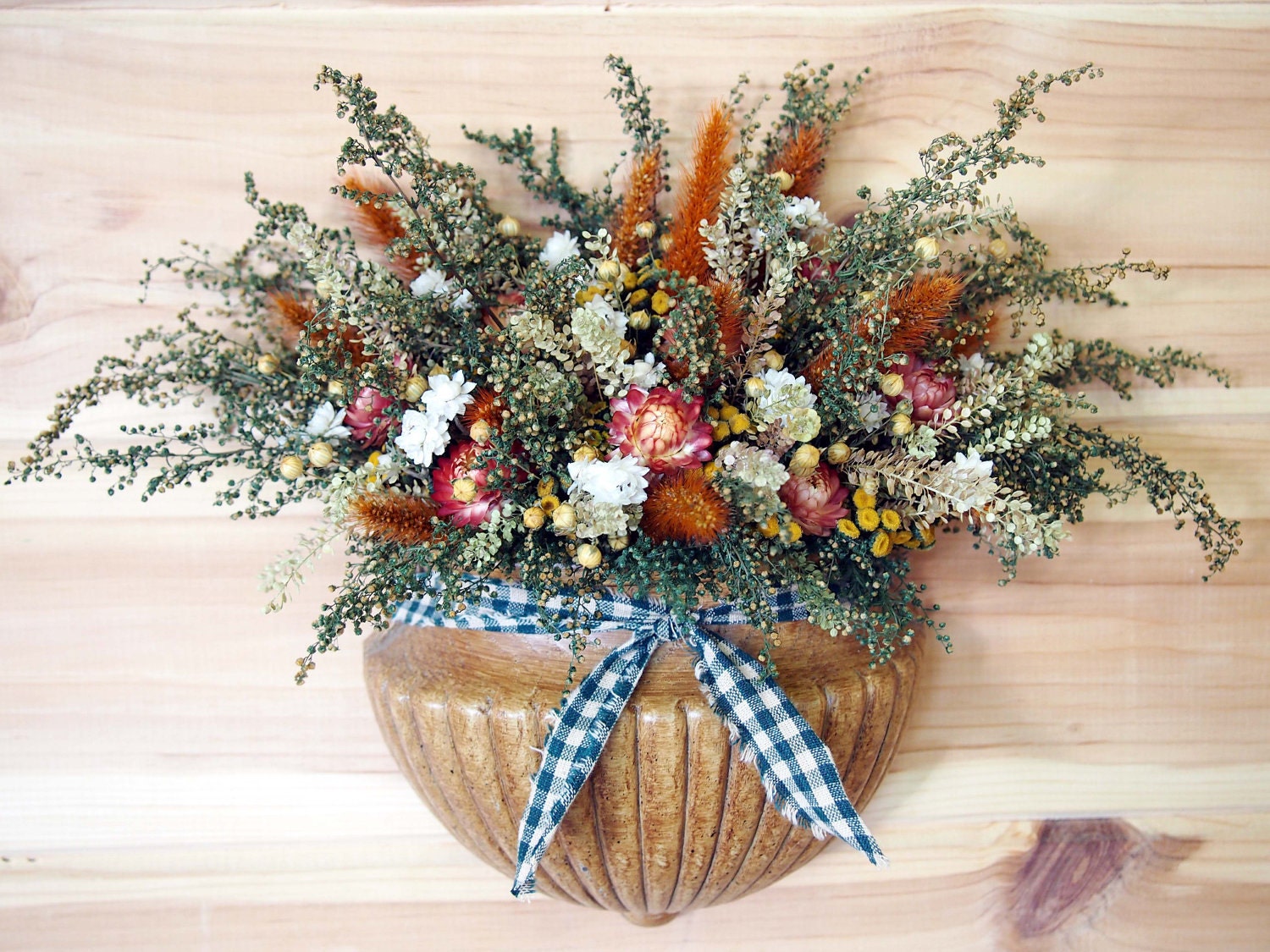 Country DRIED FLOWER Wall Basket Arrangement Greens and
