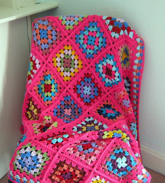 Granny Squares Pink Crochet BLANKET Afghan Sofa Throw