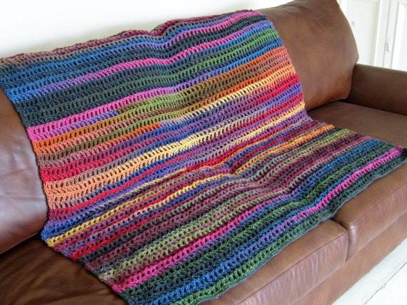 Crochet Stripes Multicoloured Wool Blend Blanket Afghan Throw Folk Boho Hippie