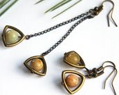 Boho Jade Earrings, Vintage Style, Antique Bronze Triangle Frame, Gunmetal Chain, You Pick Short or Long Dangle