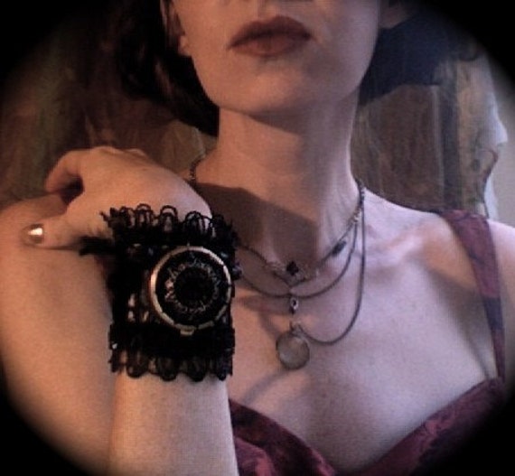 Les Fleurs du Mal - cuff with victorian beadwork, antique velvet flowers and secret poison compartment- made to order by owllamode steampunk buy now online