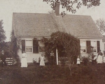 The Old Homestead Antique Photo of Family Posing in Front of Home