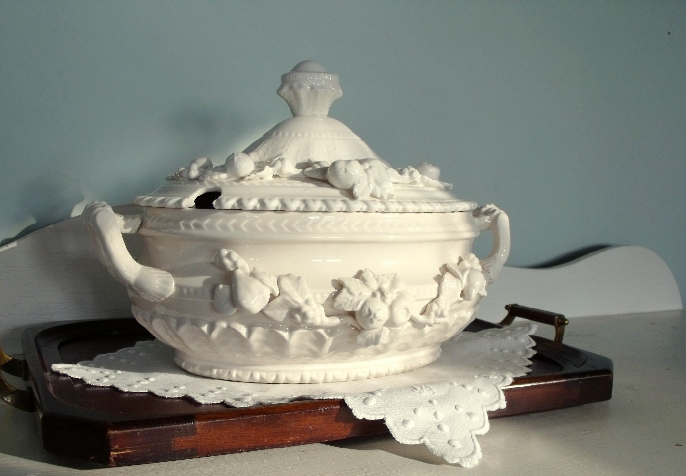 Vintage White Capodimonte Porcelain Soup Tureen