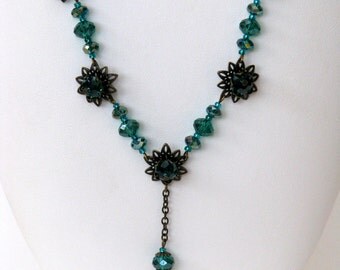 SALE - Vintage Waterlily Necklace - bronze, crystal, teal, flowers, waterlily, necklace, handmade