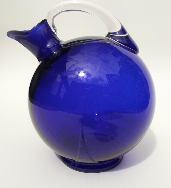Vintage Cobalt Blue Glass Tilted Ball Pitcher.
