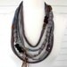 Upcycled artisan NECKLACE, eco infinity , recycled woven cottons , multi textures, patchwork, funky, leather fringe, by Zasra