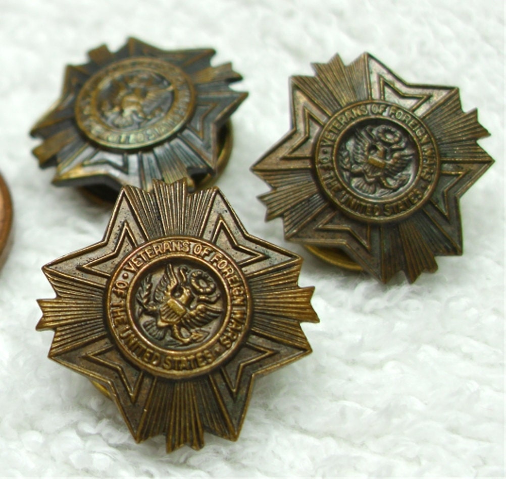 3 Vintage Bronze V F W Lapel Pins Brooches Screw Back