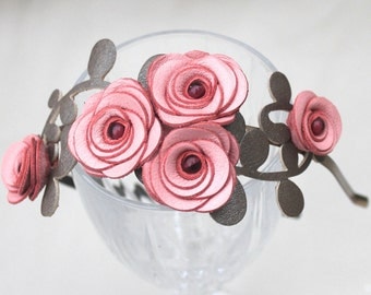 Flower headband pink leather roses green leaves bridal hairband woodland wedding tiara prom wearable art