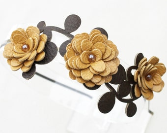 Yellow flower headband leather headband floral headband bridal tiara woodland wedding hair accessory prom wearable art