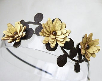 Yellow flower headband leather lemon daisies green leaves floral wedding tiara woodland wedding hair accessory prom wearable art