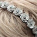 Flower leather headband, gray roses on silver metal hairband with rainbow bead centers woodland wedding 3 year anniversary gift