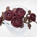 Burgundy flower headband leather wine roses, green leaves bridal hairband floral woodland wedding tiara prom wearable art