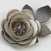 Taupe flower hair clip fascinator, leather rose, black leaves, beaded center 3 year anniversary gift prom wearable art