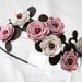 Flower headband mauve pink and cream leather roses moss green leaves on black metal hairband, floral wedding tiara woodland wedding