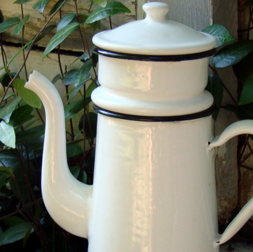 Vintage White Enamel Coffee Pot French Country Style 9706