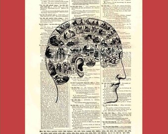Intricate Phrenology Head Map (phrenology2) - upcycled 8x10 1898 dictionary page print - BONUS - Buy 3 Prints, Get 1 More For FREE