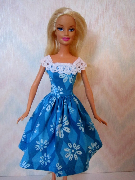 Handmade Barbie clothes blue and white dress