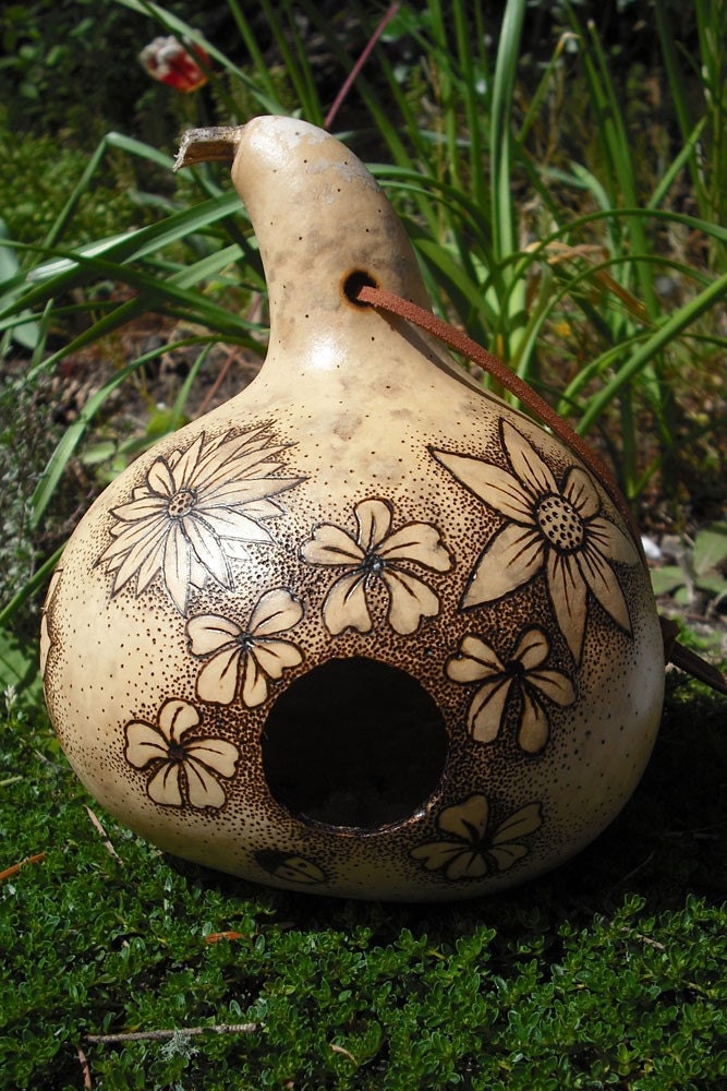 Wood-burned Flowers Gourd Birdhouse