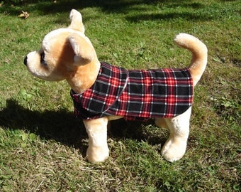 Dog Jacket - Black Red and White Corduroy Plaid Coat- Size XX Small- 8 to 10 Inch Back Length - Or Custom Size