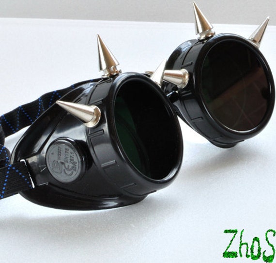 Black Cyber Goth Goggles Glasses 6 Nickel Spikes CyberPunk