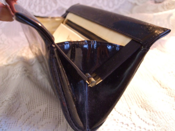 Vintage 1940s Purse bobbie jerome Label Black Patent Clutch