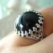 Adrienne-- 50s West Germany Vintage opaque jet black round glass cab antique silver brass adjustable ring