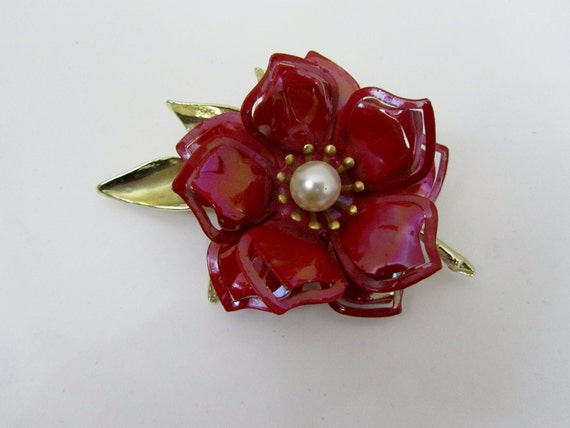 Enamel Flower Pin Vintage 1960s Brooch In Red By 4birdsvintage