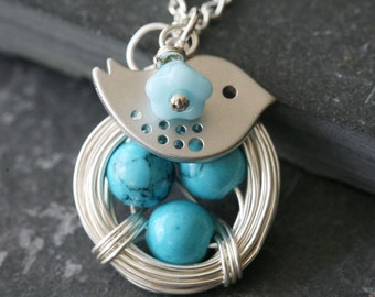 Bird nest necklace,mother bird necklace,wire-wrapped nest,turquoise eggs,pearl eggs,bird family necklace,mother's day gift,three bird nest