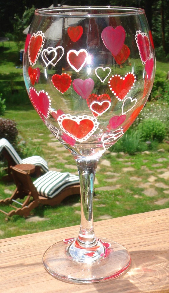 Valentines Day Hearts Wine Glass Hand Painted Wedding Shower