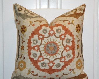Decorative Pillow Cover - Suzani - Orange Rust - Golden Brown - Gray - Charcoal - EURO SHAM