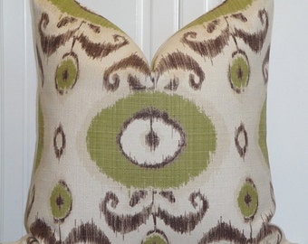 Decorative Pillow Cover - Throw Pillow - Accent Pillow - Pear Green - Brown - Natural - IKAT