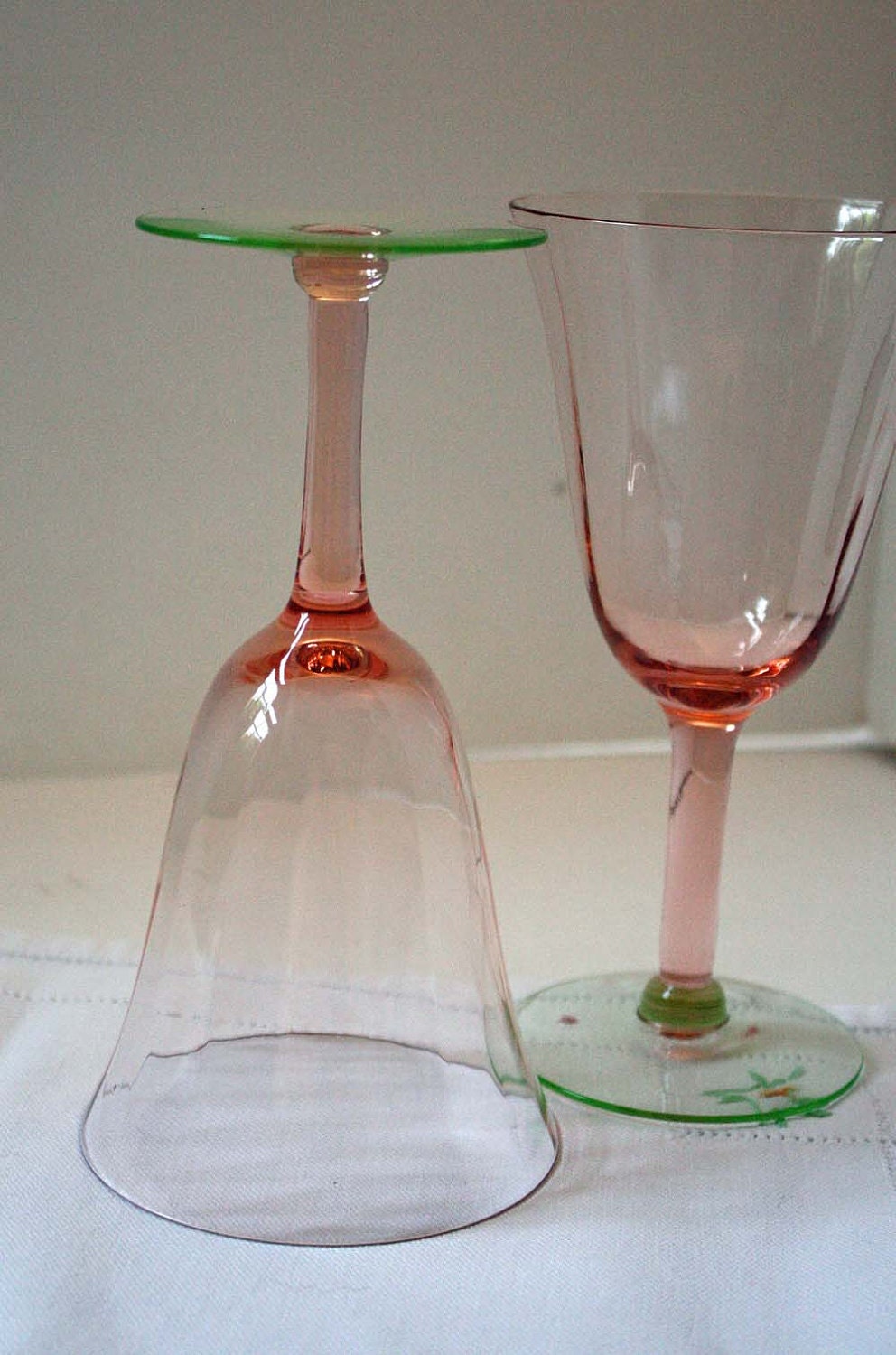 Pink Depression Glass Stemware with Green Stems 2 Water or