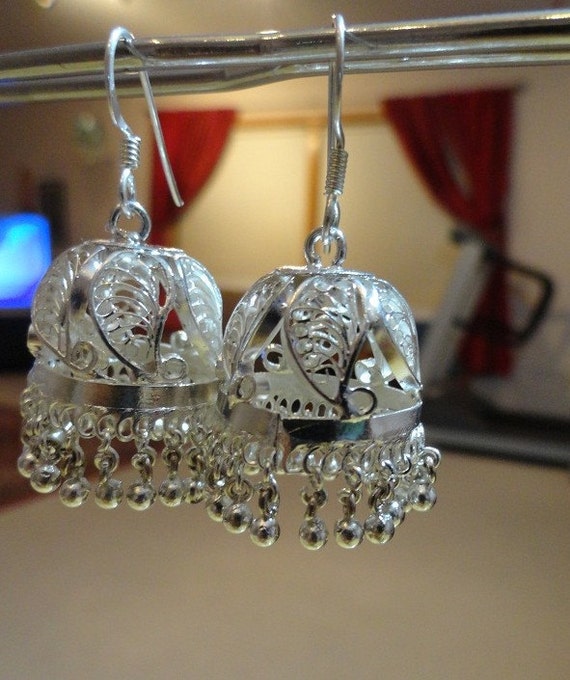 Jaipur Jhumkas HIGHLY POLISHED SiLVER Filigree Jhumkas by jhumkas