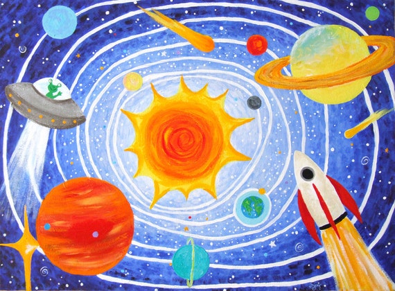 Kids Art SOLAR SYSTEM No.2 24x18 Acrylic Canvas Childrens