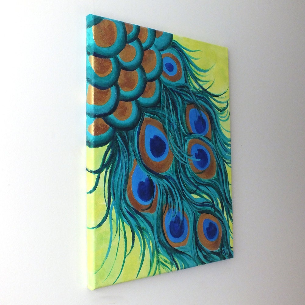 PEACOCK FEATHERS 12x16 canvas painting whimsical modern art