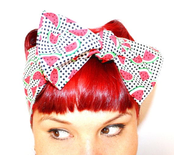 Vintage Inspired Head Scarf Watermelon and Gingham by OhHoneyHush
