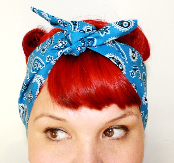 Vintage Inspired Head Scarf Blue Paisley 1950s by OhHoneyHush